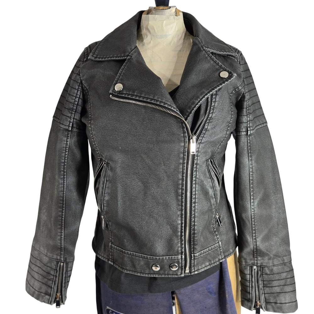 Bloomingdales Faux Leather Moto Biker Jacket Full Zip Gray Girls LG Women SM